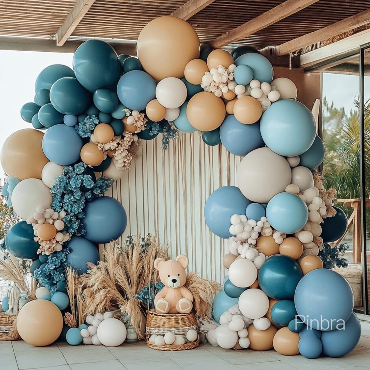 Dusty Blue Tan Balloon Garland Arch Kit, Double Stuffed Neutral Balloons